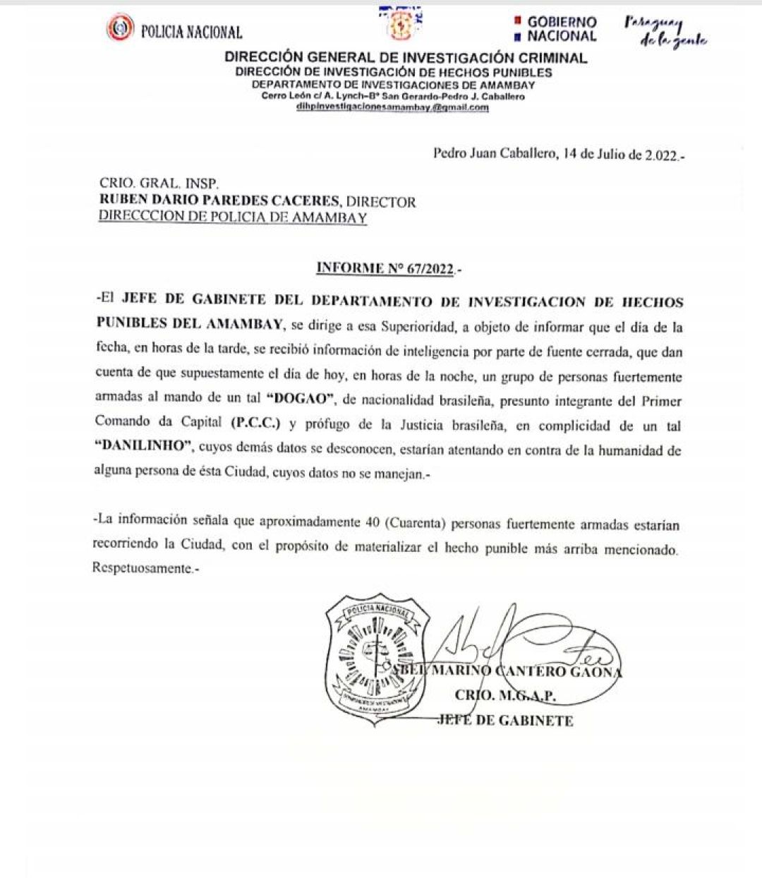 Director de Policía de Amambay confirmó información acerca de plan de atentado contra una autoridad en frontera y apuntó que hay alerta permanente