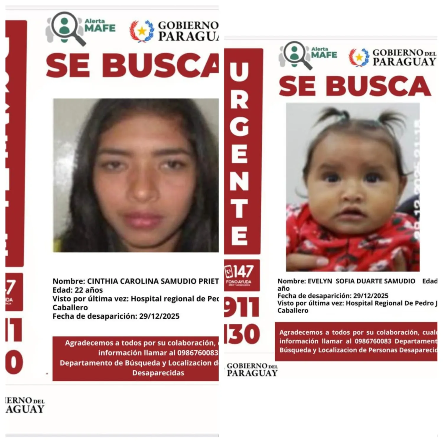Una bebé de 1 año y una joven desaparecen del Hospital Regional de Pedro Juan Caballero