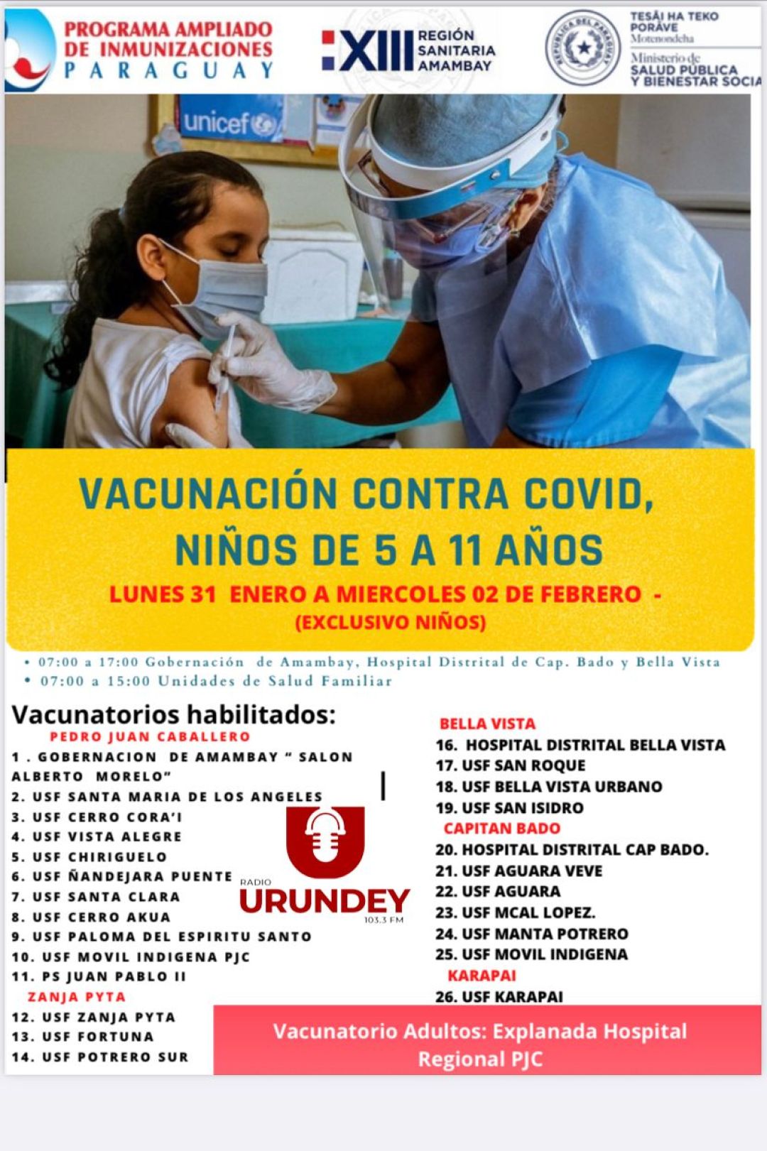 Vacunatorios habilitados para niños en Amambay