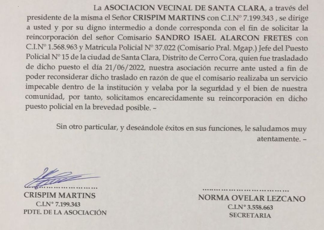 Vecinos de Santa Clara solicitan restituir a comisario en Puesto Policial tras cambio