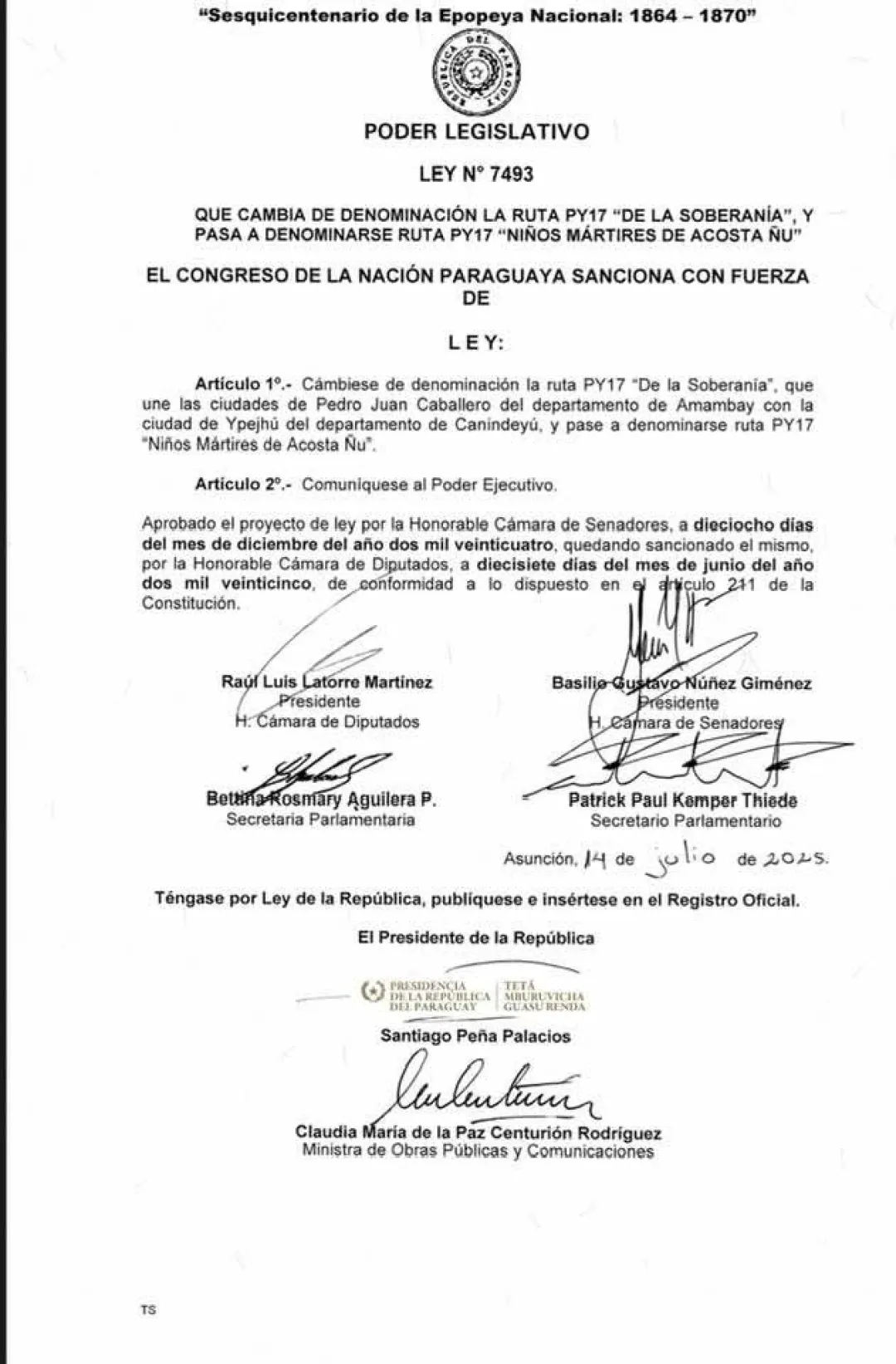Ruta PY17 "De la Soberanía" cambia de nombre a "Niños Mártires de Acosta Ñu"