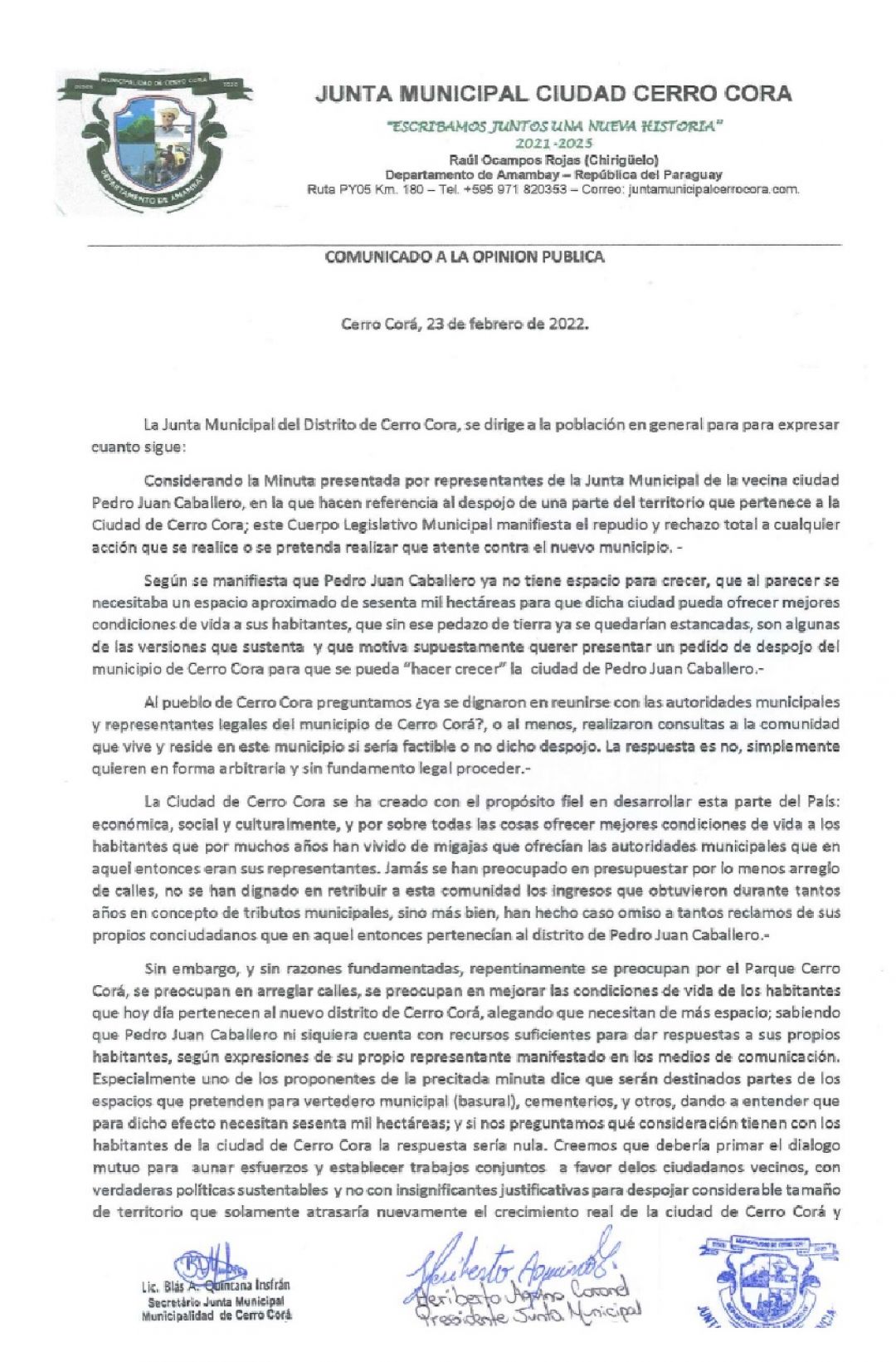 Concejales de Cerro Corá rechazan proyecto que pretende sacarles 60.000 hectáreas