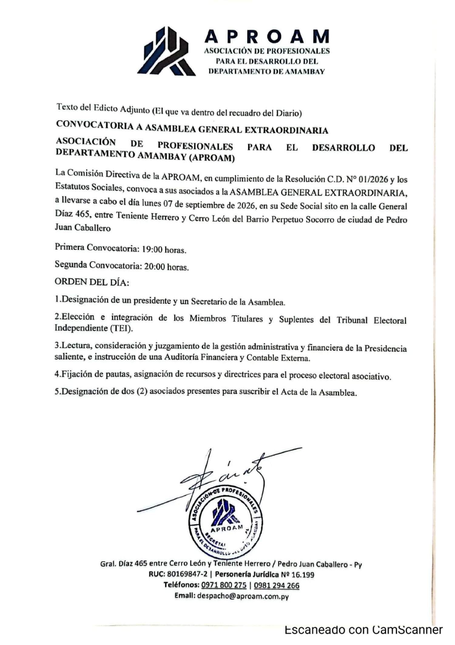 APROAM convoca a una Asamblea Extraordinaria para el 7 de setiembre en Pedro Juan