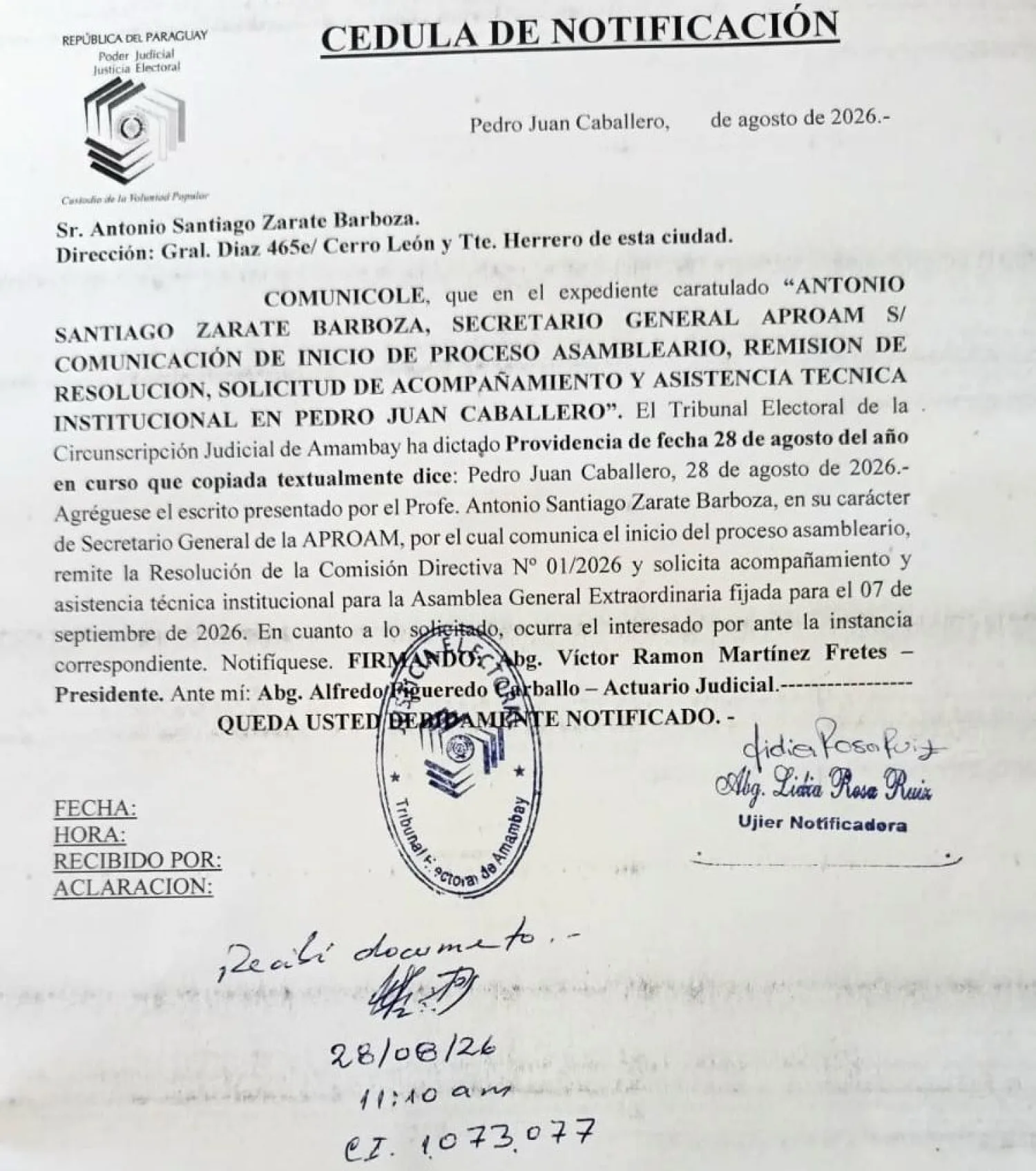 El Tribunal Electoral avaló la asamblea extraordinaria de la APROAM en Pedro Juan Caballero