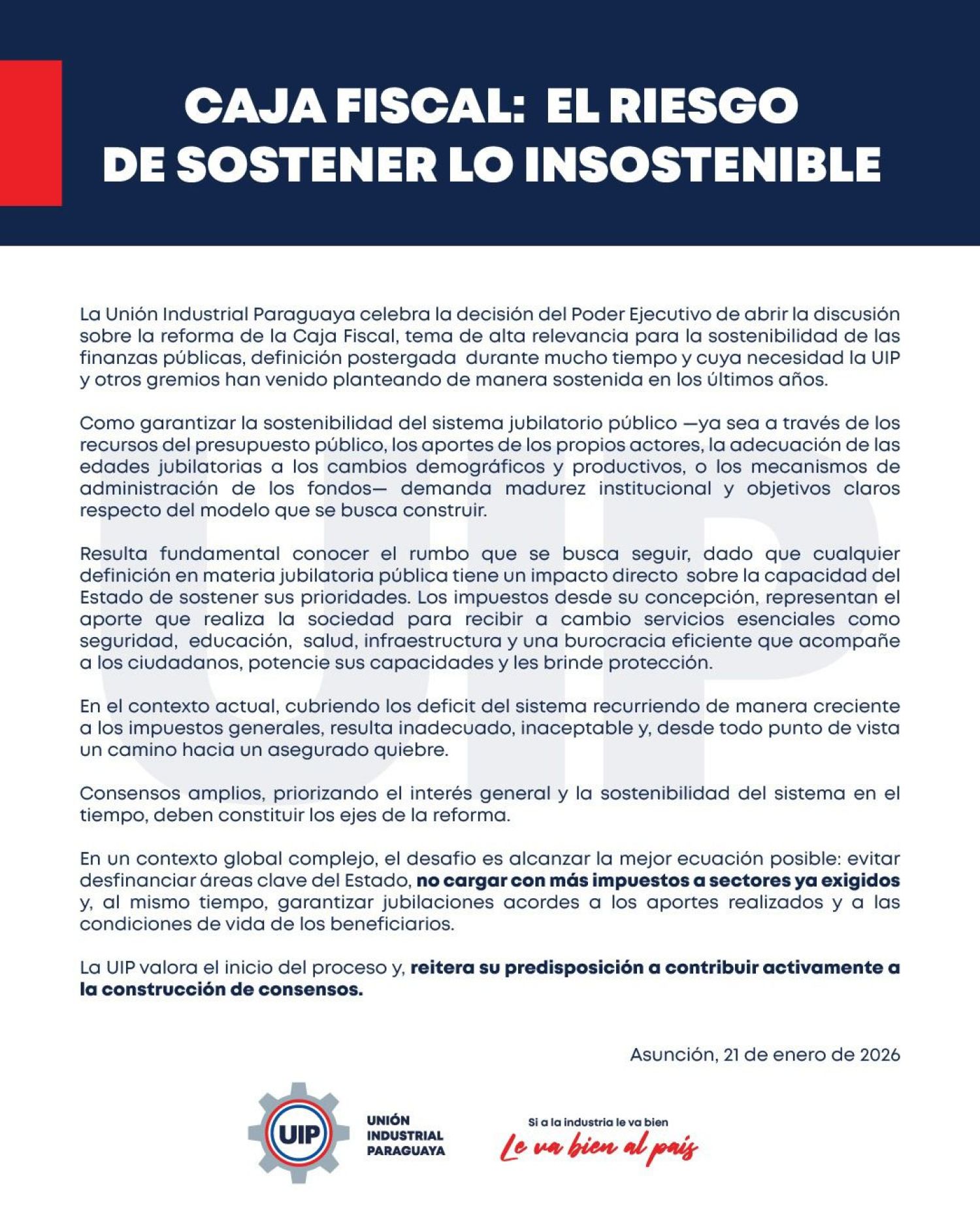 UIP advierte sobre la urgencia de reformar la Caja Fiscal y llama a consensos para garantizar su sostenibilidad